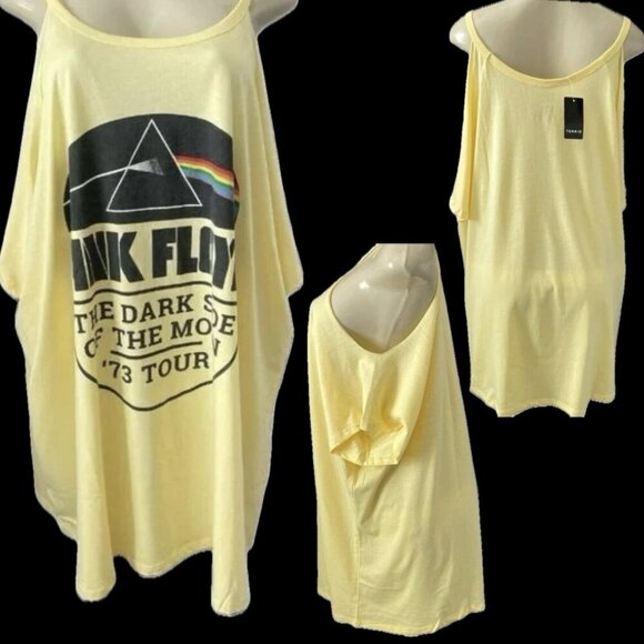 Pink Floyd +6 Yellow 1973 Tour Dark Side Moon Band Graphic Cold Shoulder T-Shirt - Picture 1 of 6